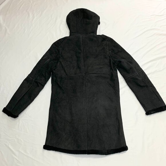 VTG 90s Comme Ça Collection Black Sheepskin Leather Hooded Long Coat Distressed - Picture 5 of 11